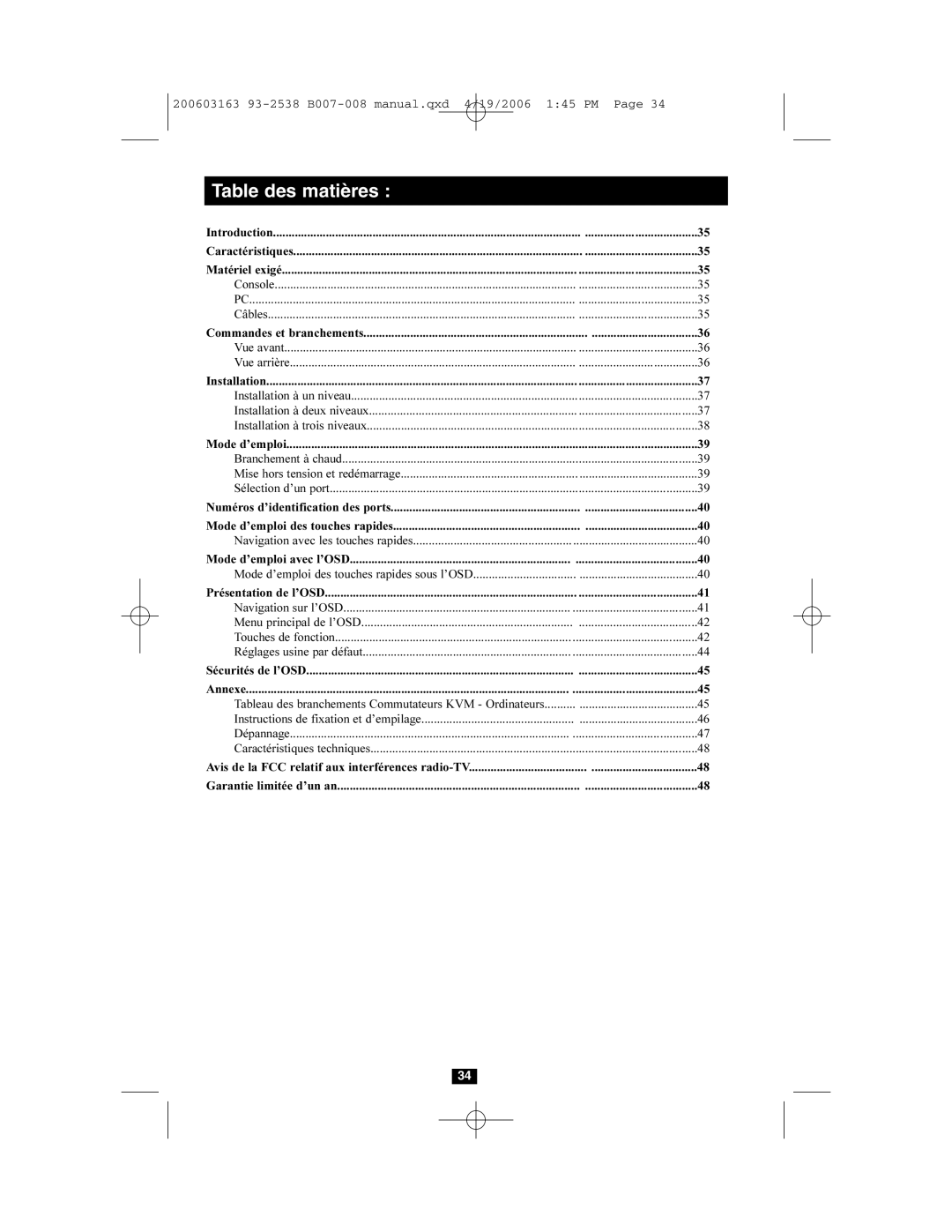 Tripp Lite B007-008 owner manual Table des matières, Navigation avec les touches rapides 