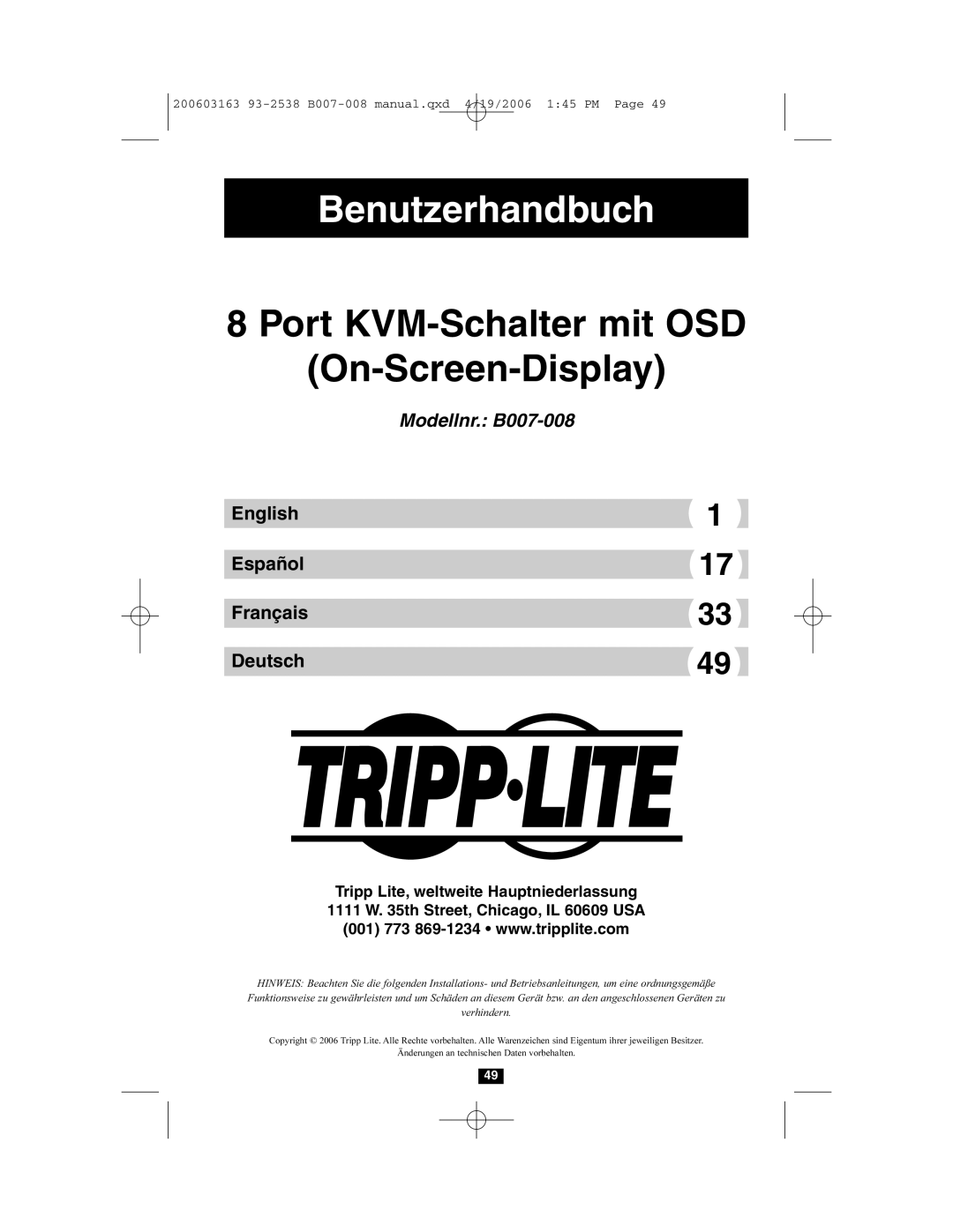 Tripp Lite B007-008 owner manual Benutzerhandbuch 