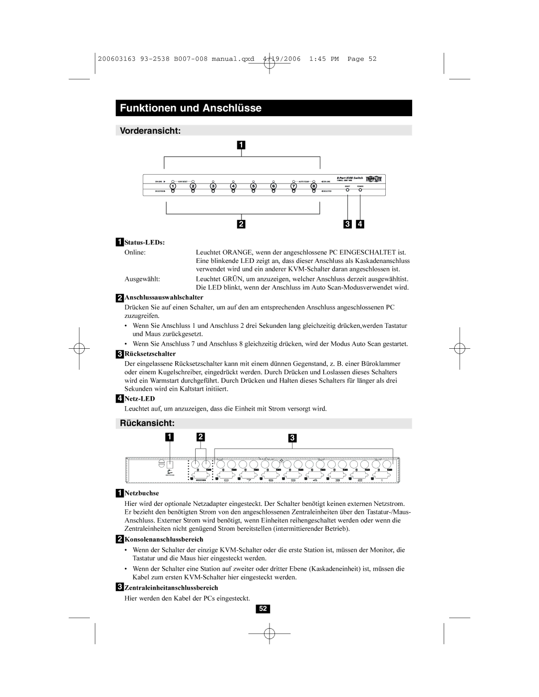 Tripp Lite B007-008 owner manual Funktionen und Anschlüsse, Vorderansicht, Rückansicht 