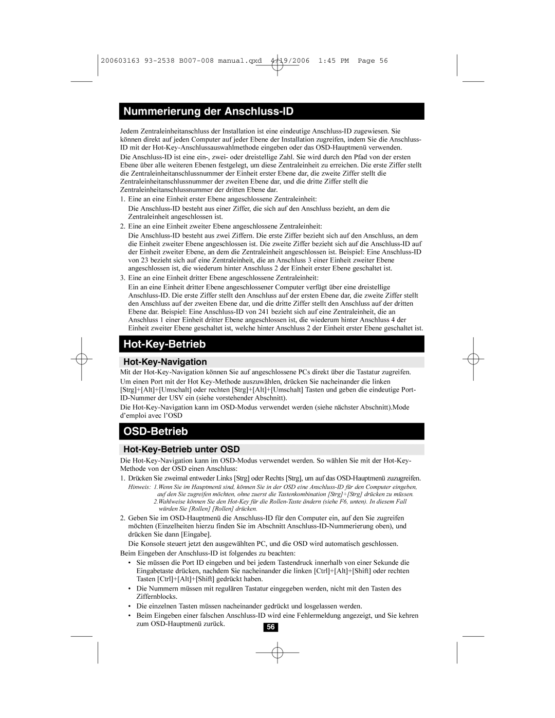 Tripp Lite B007-008 owner manual Nummerierung der Anschluss-ID, Hot-Key-Betrieb, OSD-Betrieb, Hot-Key-Navigation 