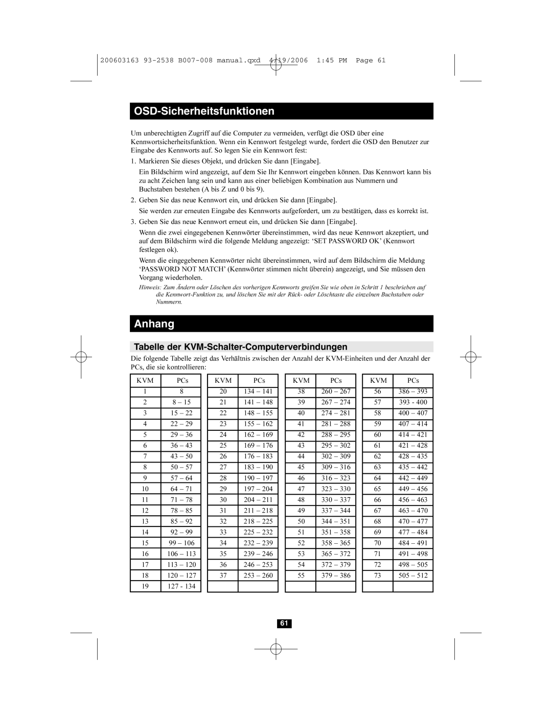 Tripp Lite B007-008 owner manual OSD-Sicherheitsfunktionen, Anhang, Tabelle der KVM-Schalter-Computerverbindungen 