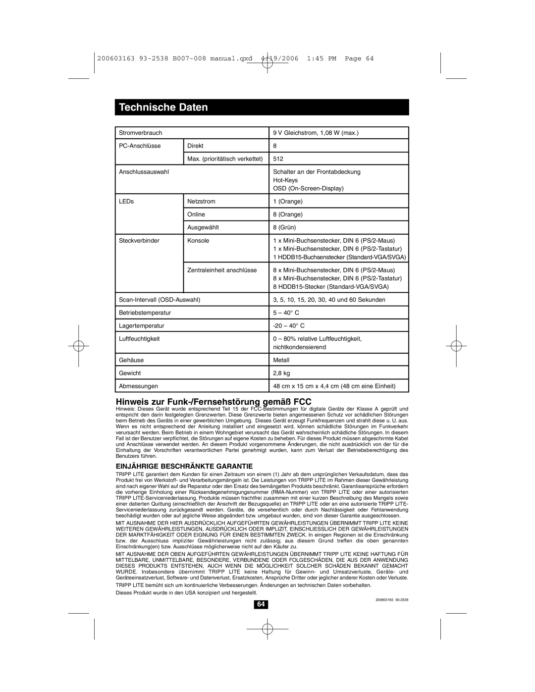 Tripp Lite B007-008 owner manual Technische Daten, Hinweis zur Funk-/Fernsehstörung gemäß FCC 