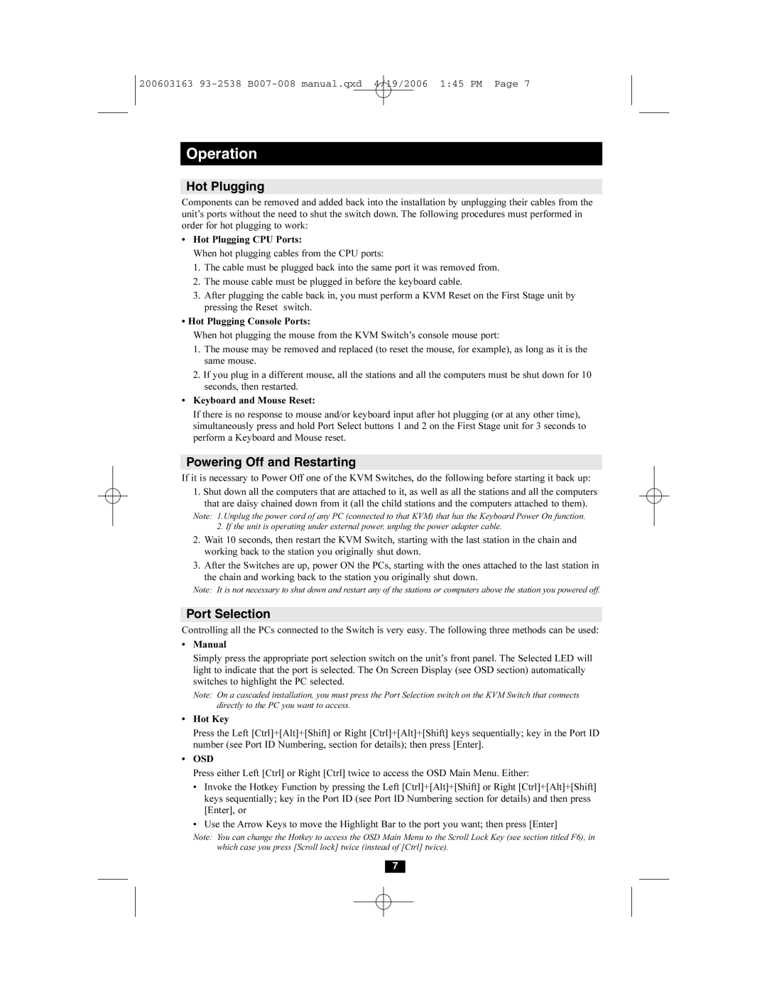 Tripp Lite B007-008 owner manual Operation, Hot Plugging, Powering Off and Restarting, Port Selection 