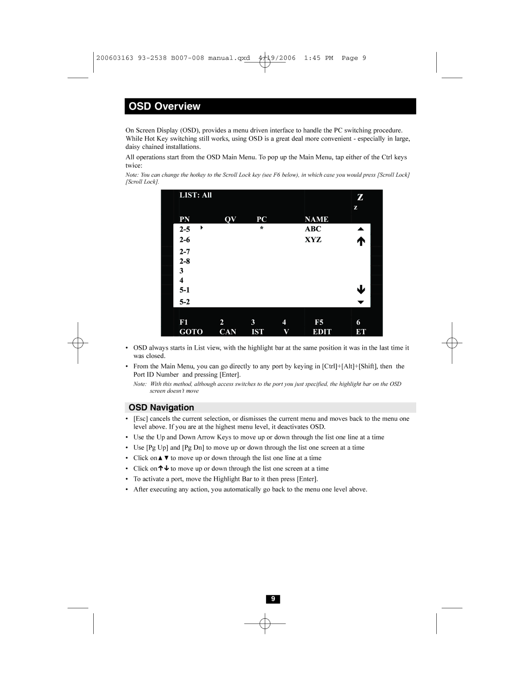 Tripp Lite B007-008 owner manual OSD Overview, OSD Navigation 