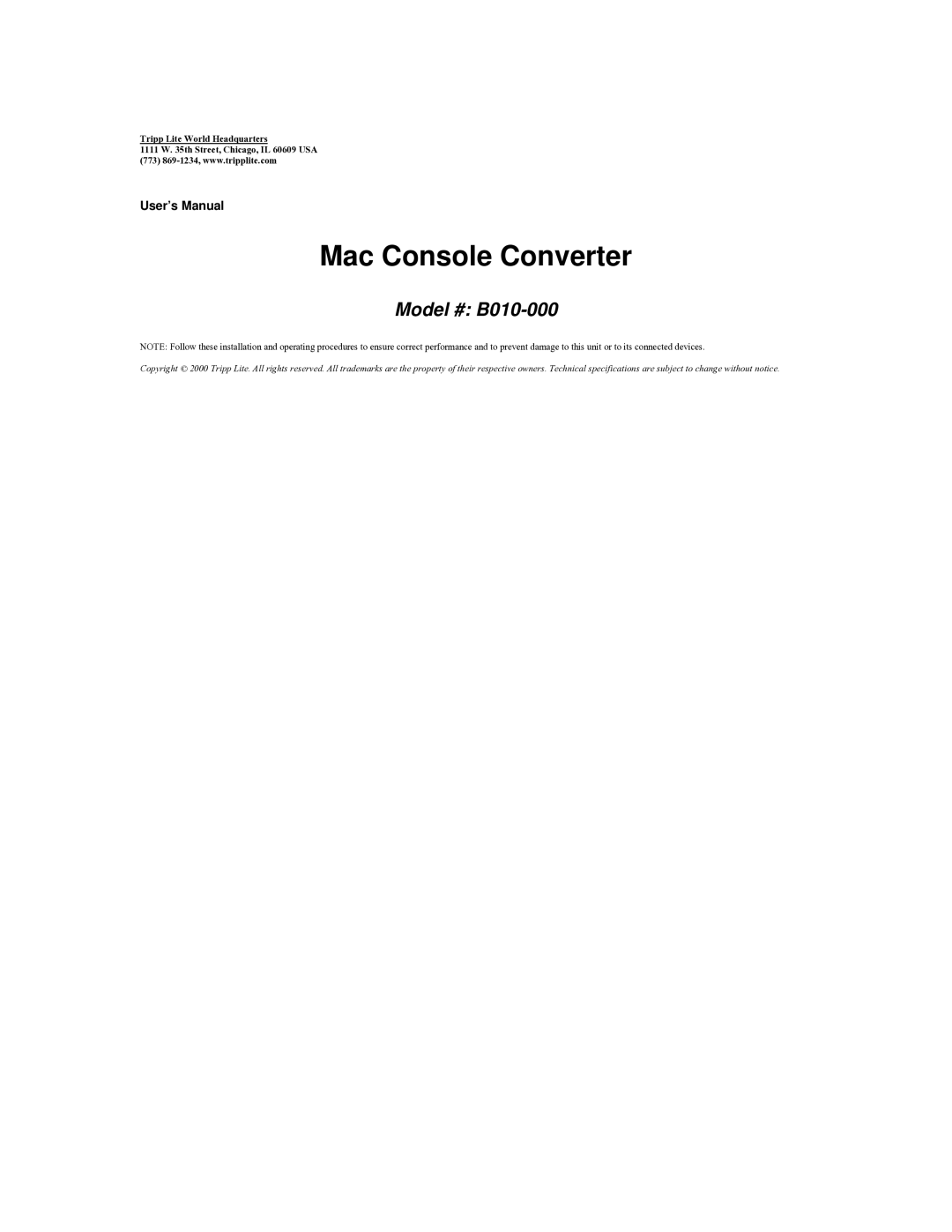 Tripp Lite B010-000 user manual Mac Console Converter 