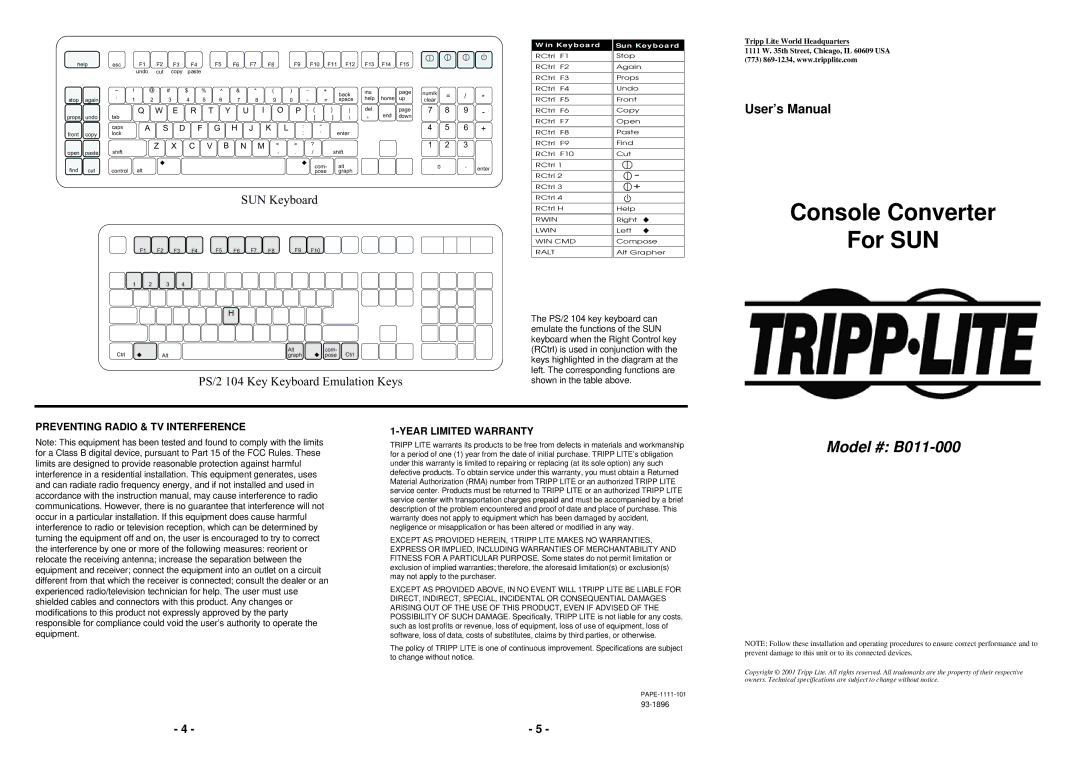 Tripp Lite B011-000 user manual PS/2 104 Key Keyboard Emulation Keys, User’s Manual 