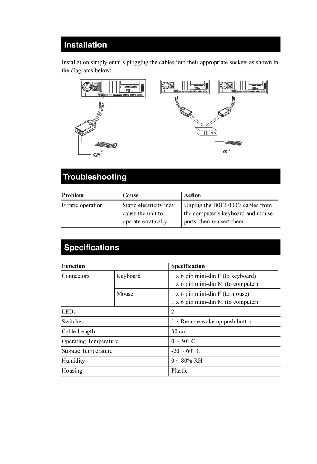 Tripp Lite B012-000 owner manual Installation, Troubleshooting, Specifications 