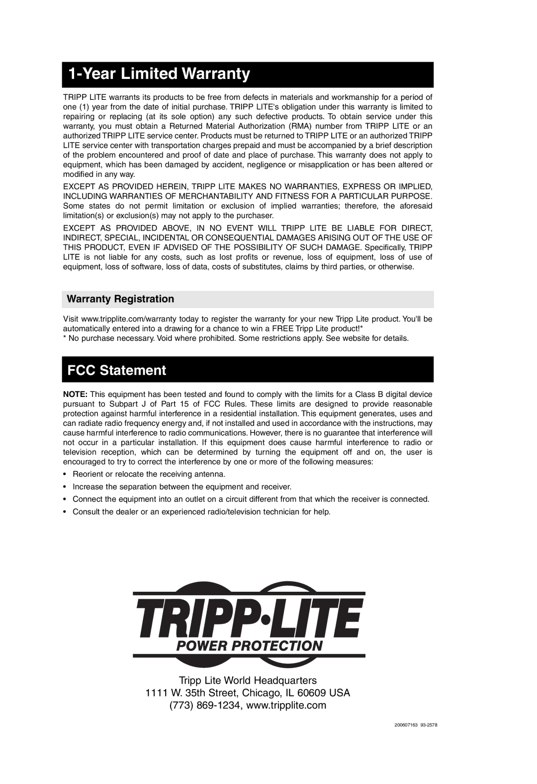 Tripp Lite B012-000 owner manual Year Limited Warranty, FCC Statement 