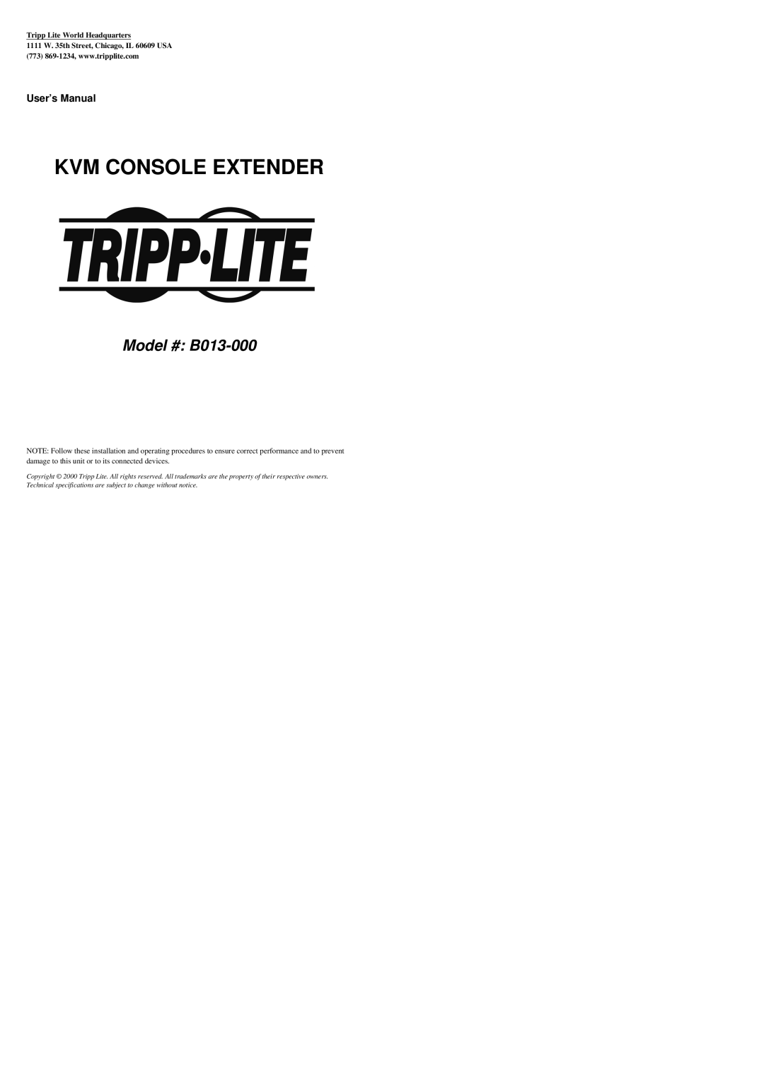 Tripp Lite B013-000 user manual KVM Console Extender 