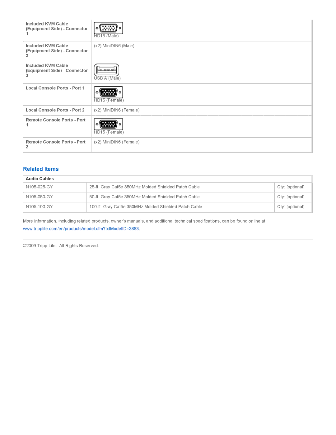 Tripp Lite B013-330 specifications Related Items, Audio Cables 