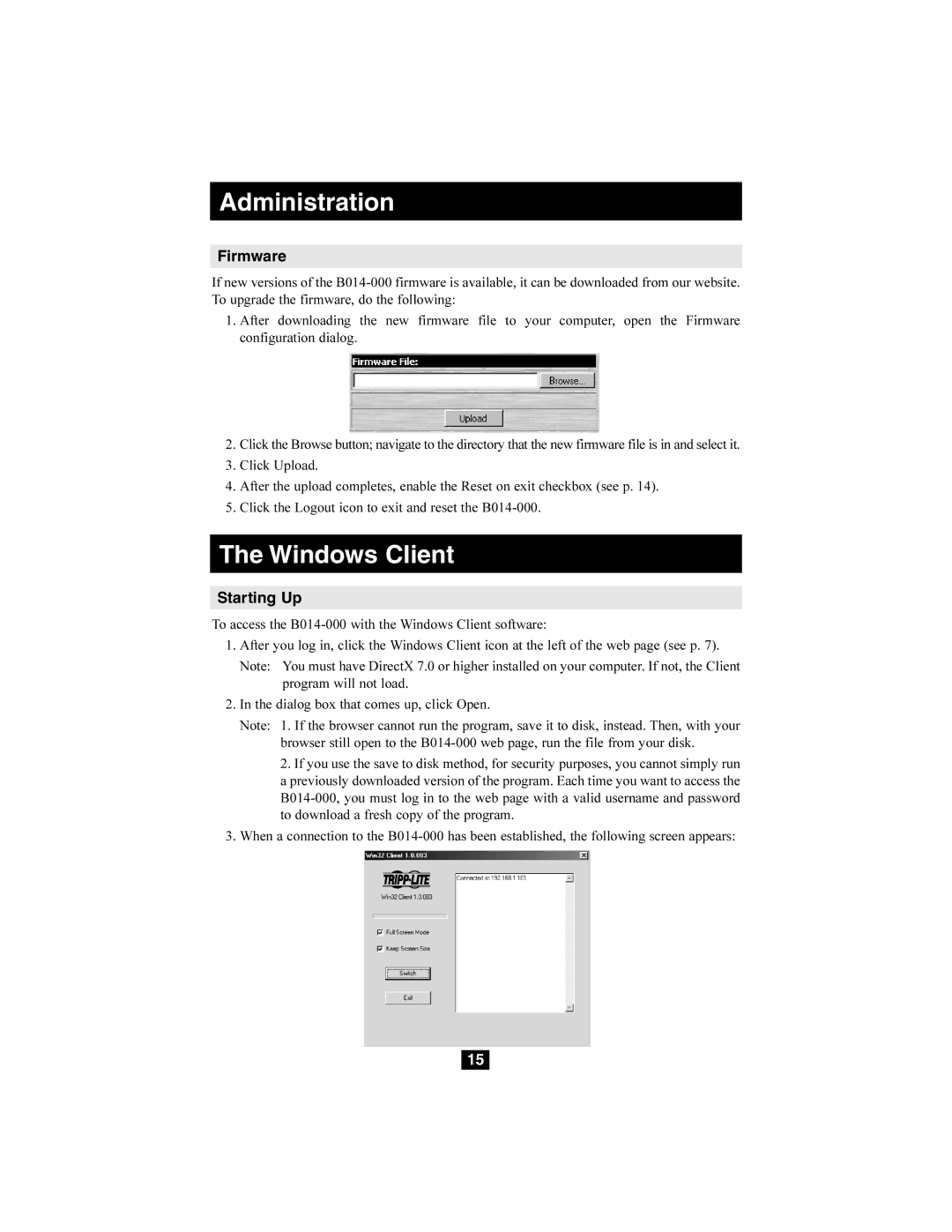 Tripp Lite B014-000 owner manual Windows Client, Firmware, Starting Up 