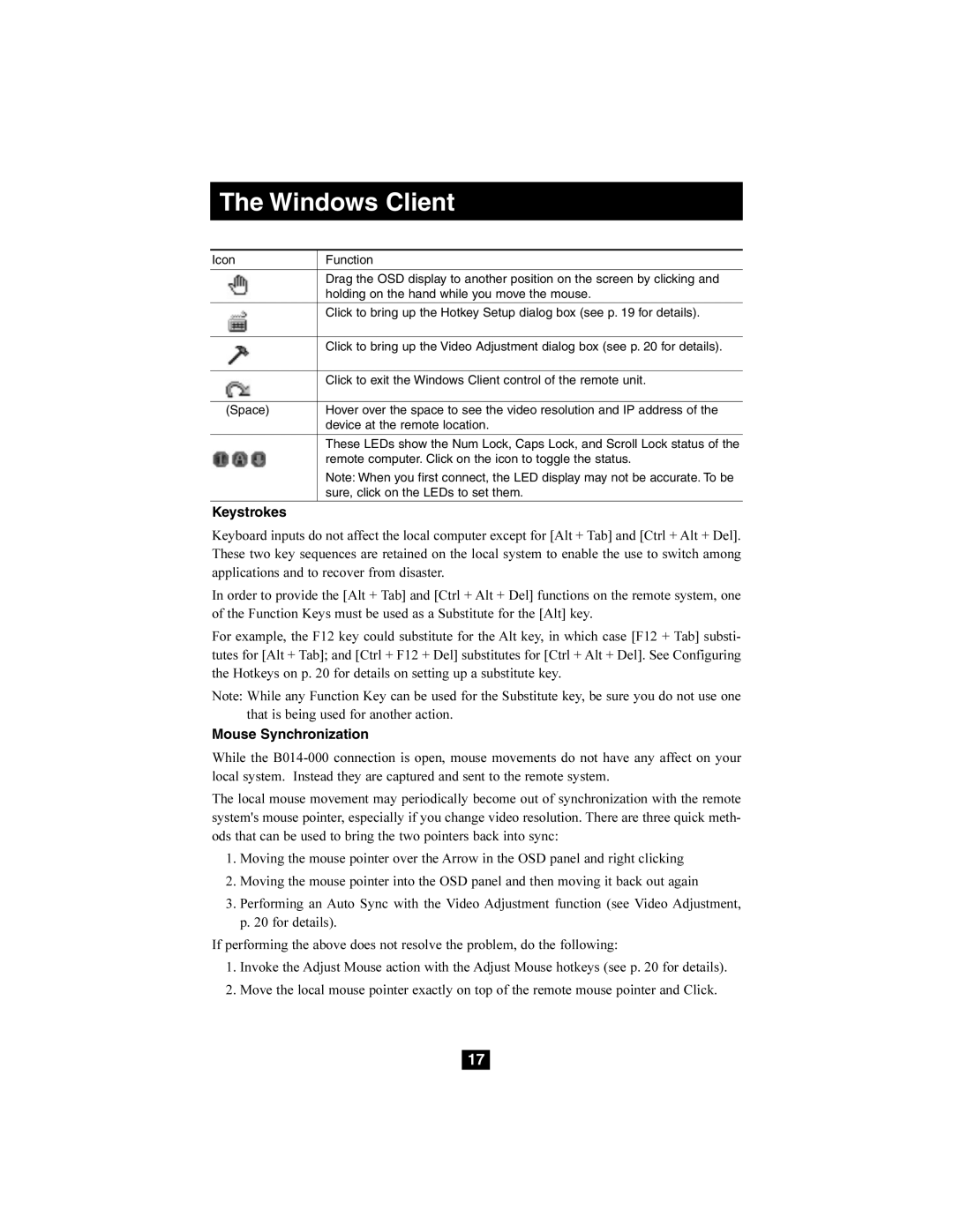 Tripp Lite B014-000 owner manual Keystrokes, Mouse Synchronization 