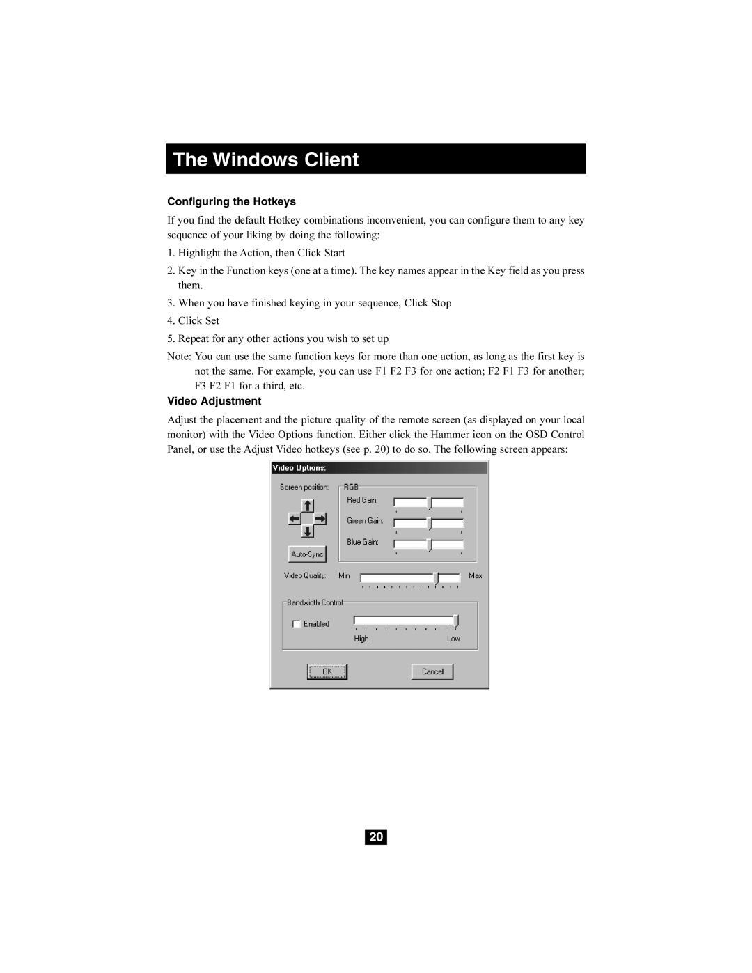 Tripp Lite B014-000 owner manual Configuring the Hotkeys, Video Adjustment 