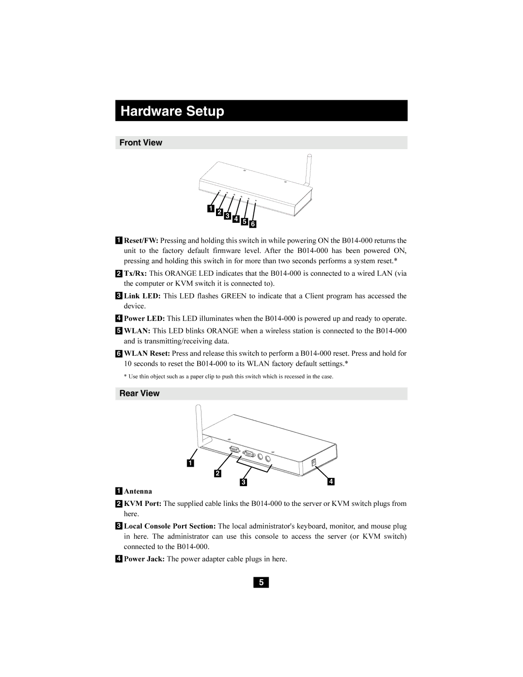 Tripp Lite B014-000 owner manual Hardware Setup, Front View, Rear View 