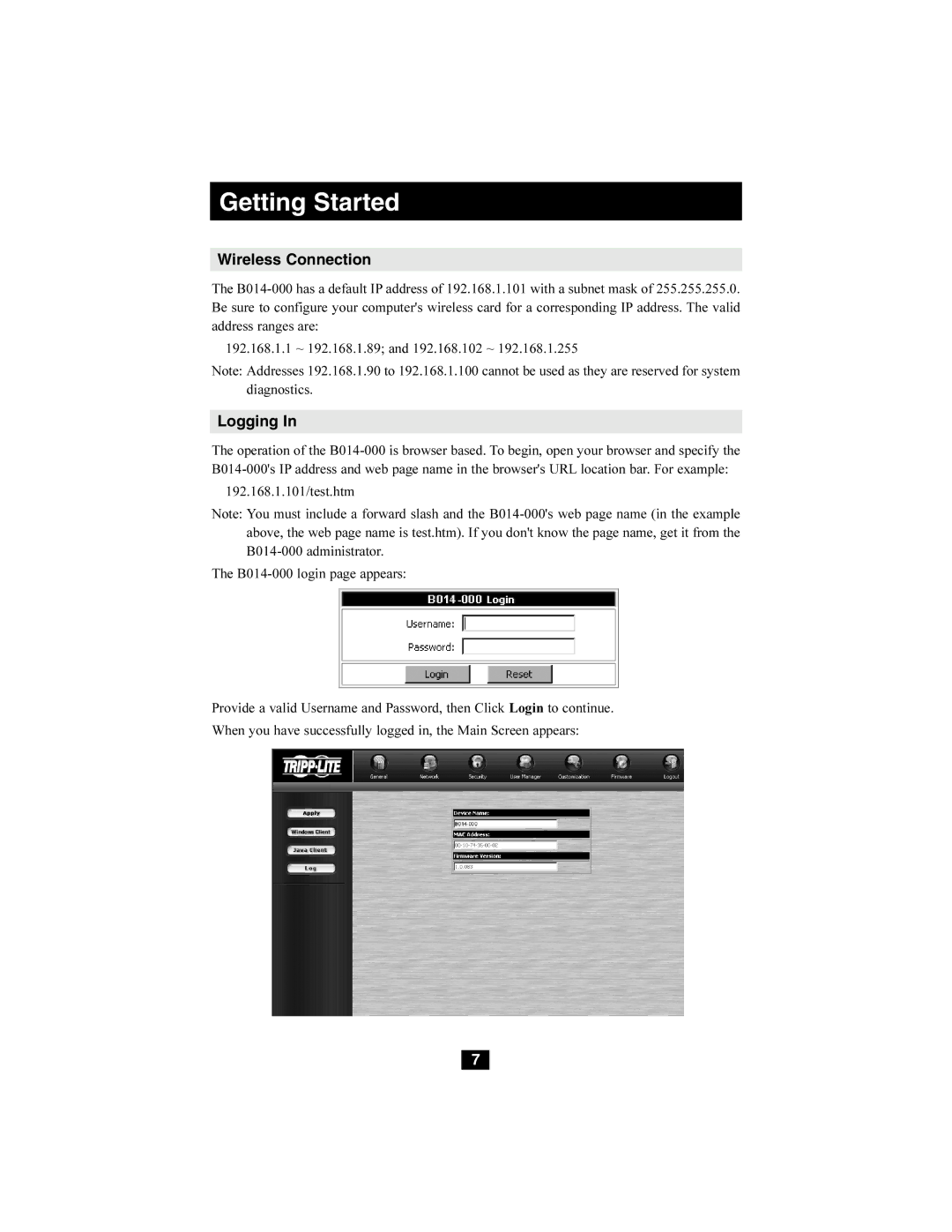 Tripp Lite B014-000 owner manual Getting Started, Wireless Connection, Logging 