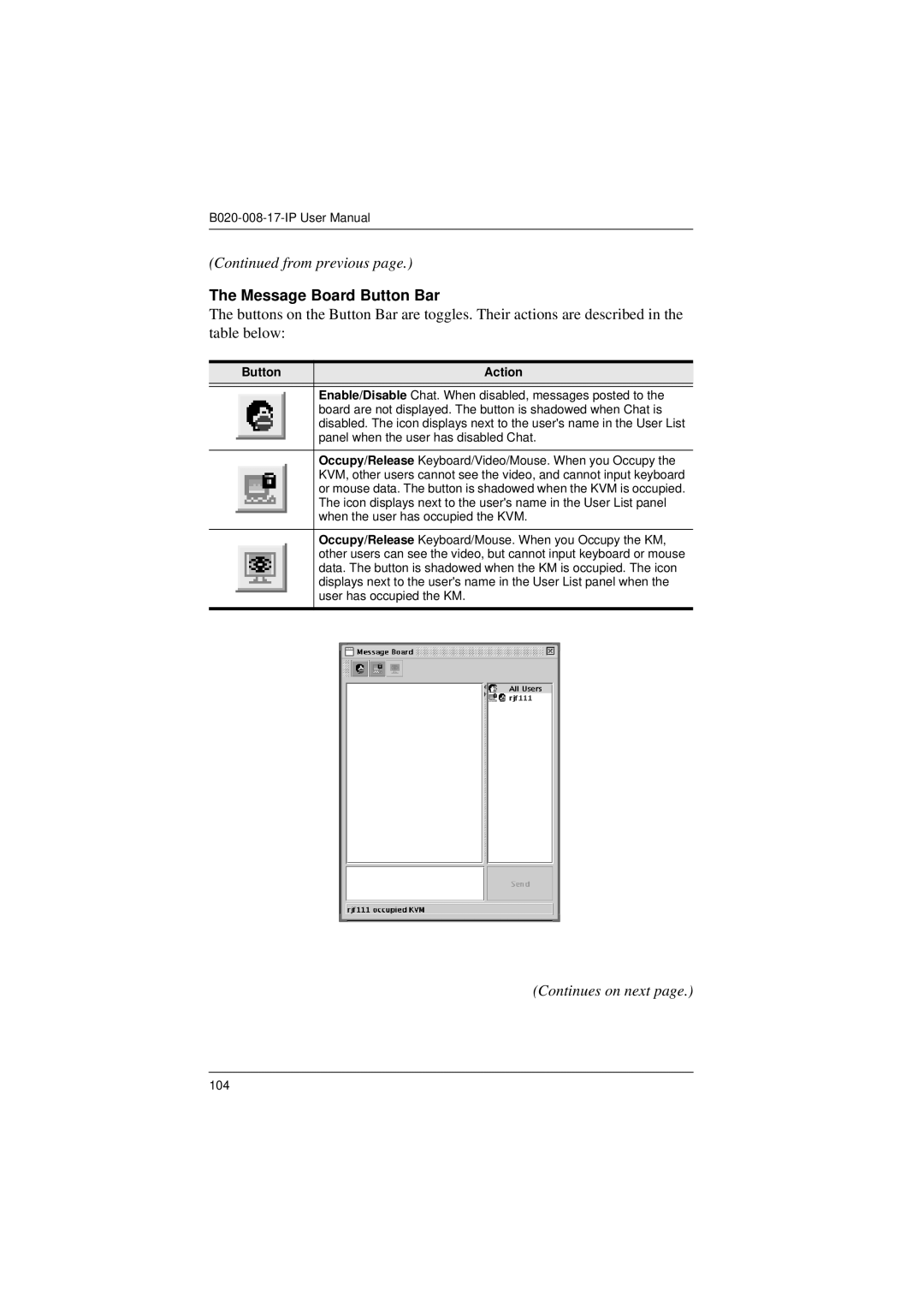 Tripp Lite B020-008-17-IP user manual Message Board Button Bar, Button Action 