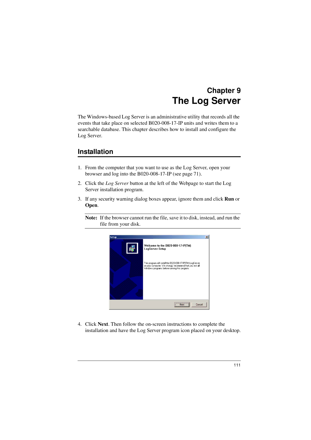 Tripp Lite B020-008-17-IP user manual Log Server, Installation 