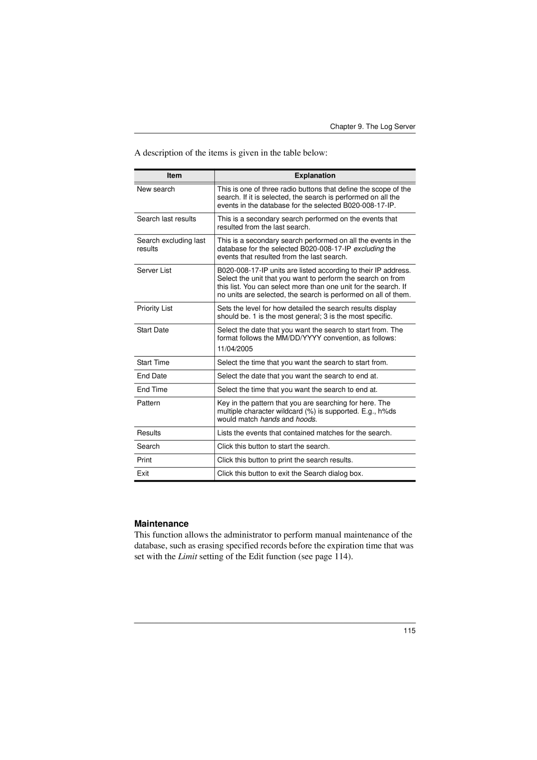 Tripp Lite B020-008-17-IP user manual Description of the items is given in the table below, Maintenance 