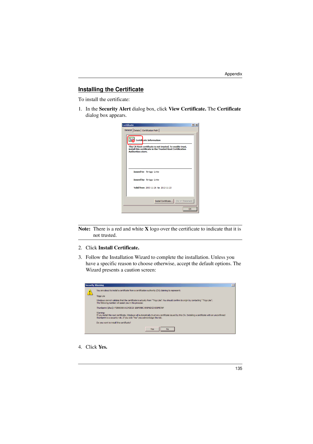 Tripp Lite B020-008-17-IP user manual Installing the Certificate 