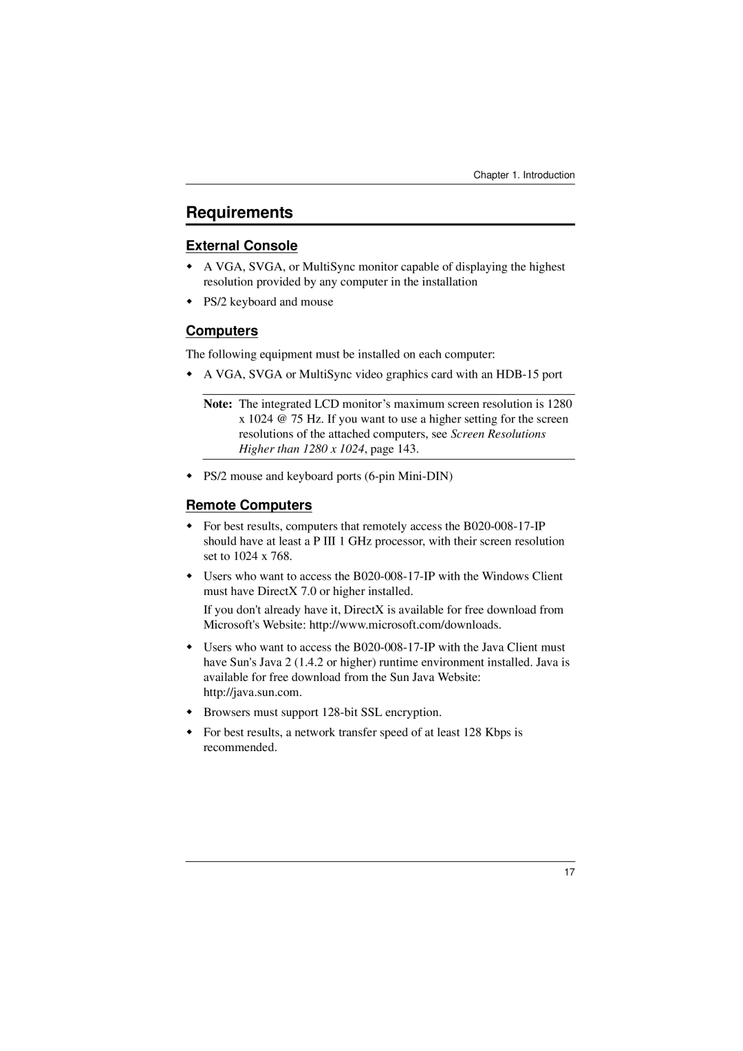 Tripp Lite B020-008-17-IP user manual Requirements, External Console, Remote Computers 