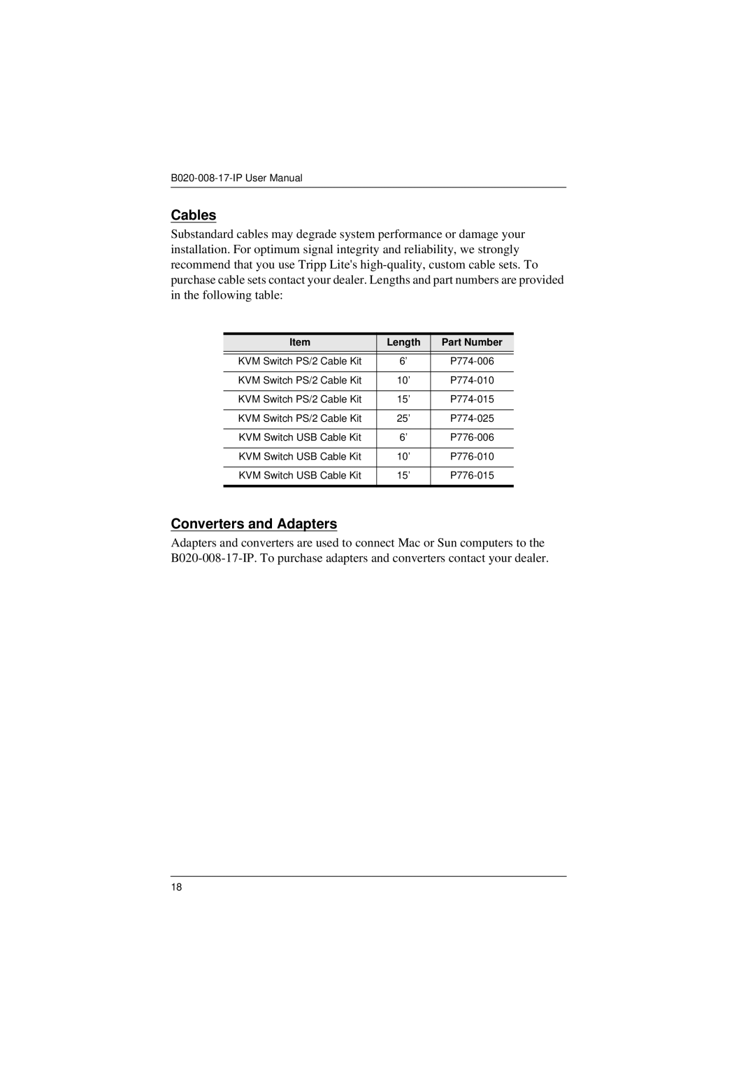 Tripp Lite B020-008-17-IP user manual Cables, Converters and Adapters, Length Part Number 