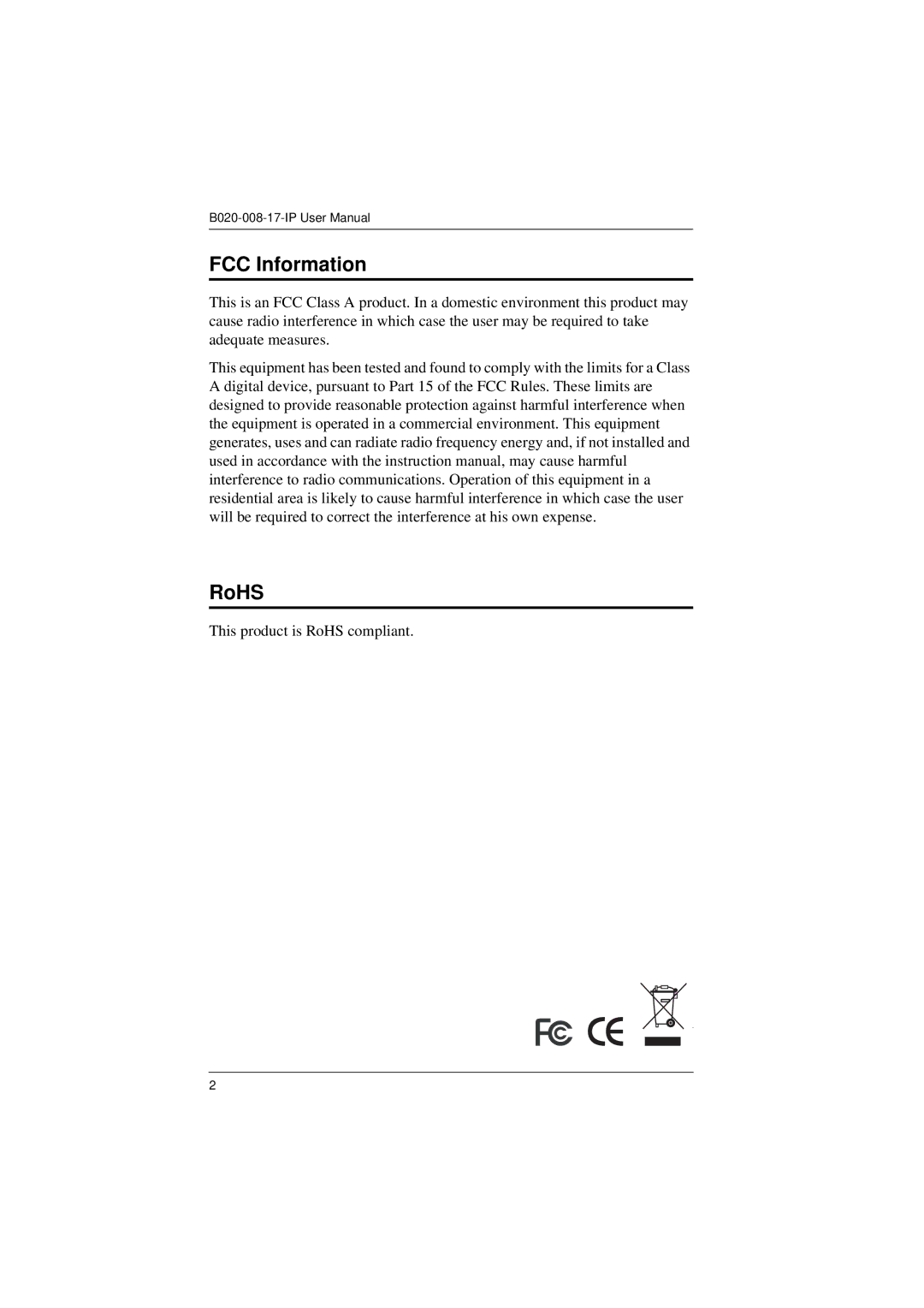 Tripp Lite B020-008-17-IP user manual FCC Information, RoHS 