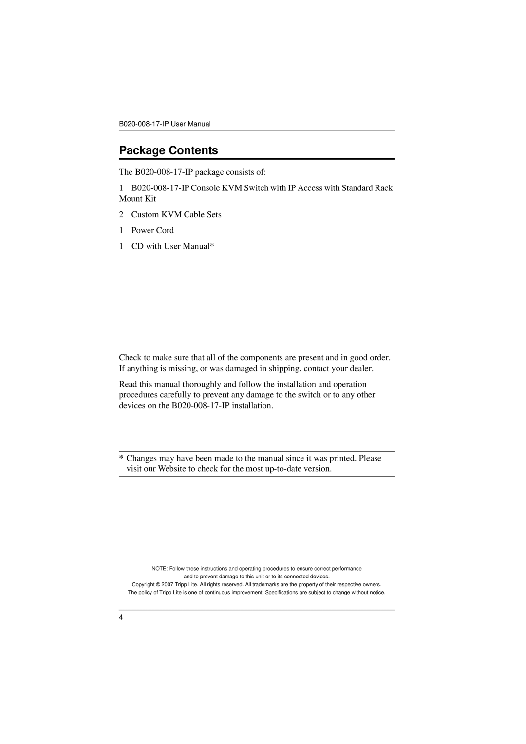 Tripp Lite B020-008-17-IP user manual Package Contents 