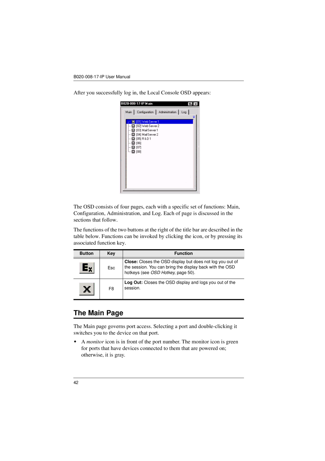 Tripp Lite B020-008-17-IP user manual Main, Button Key Function 