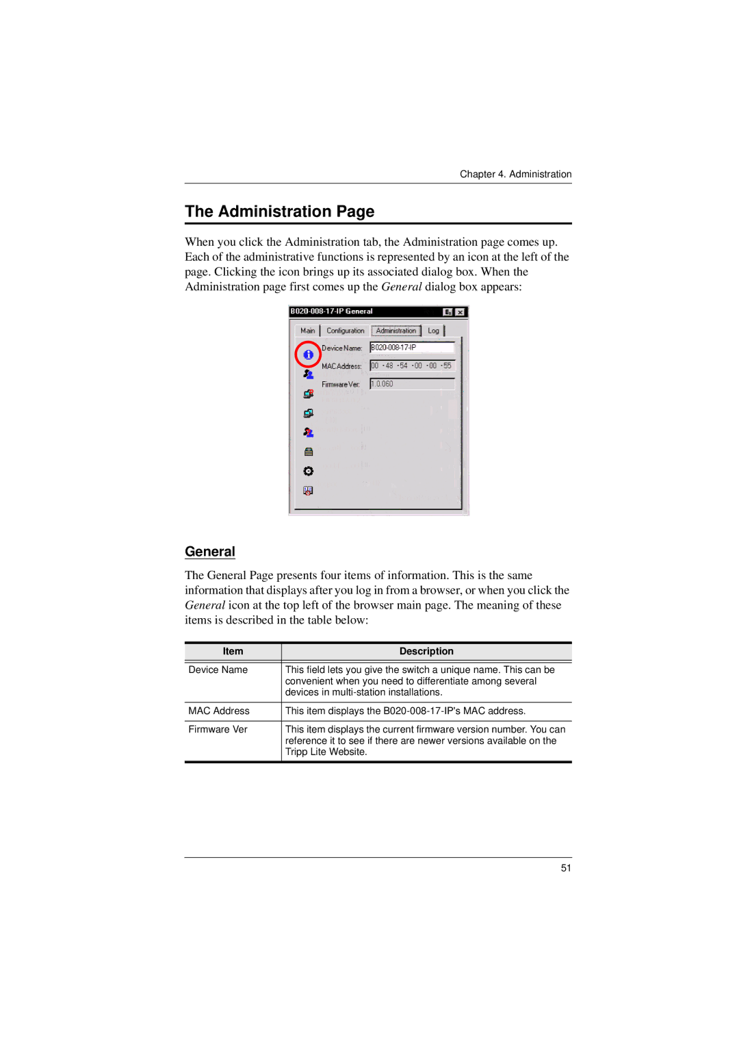 Tripp Lite B020-008-17-IP user manual Administration, General 