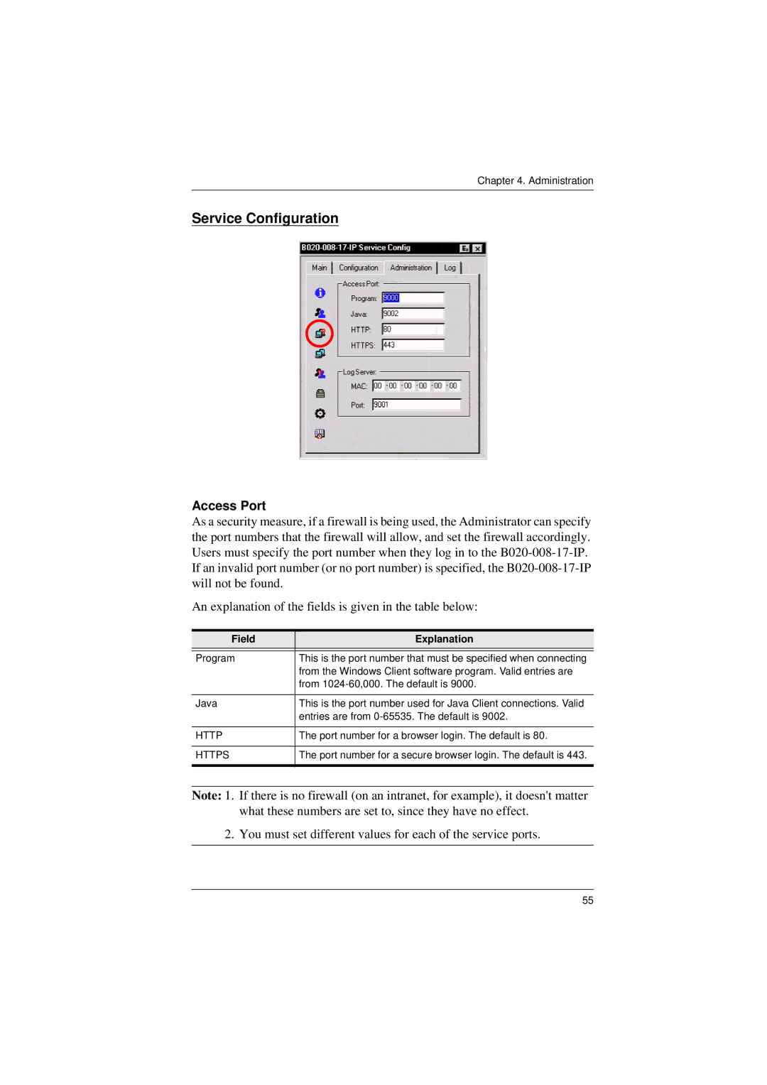 Tripp Lite B020-008-17-IP user manual Service Configuration, Access Port, Field Explanation 