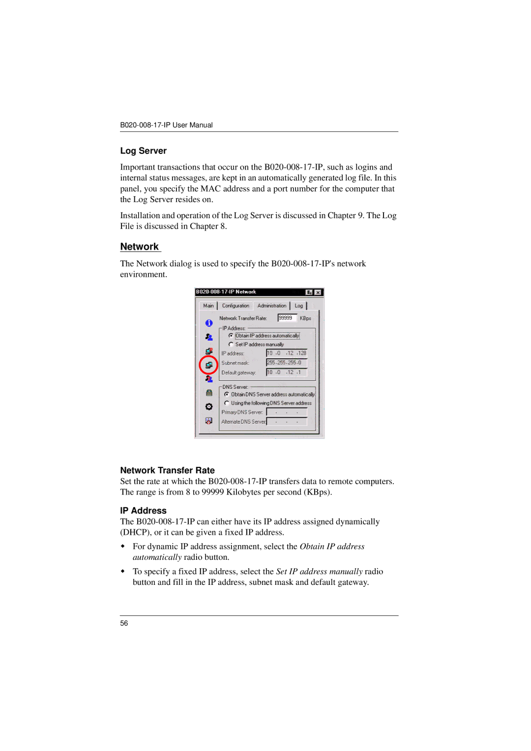 Tripp Lite B020-008-17-IP user manual Log Server, Network Transfer Rate, IP Address 