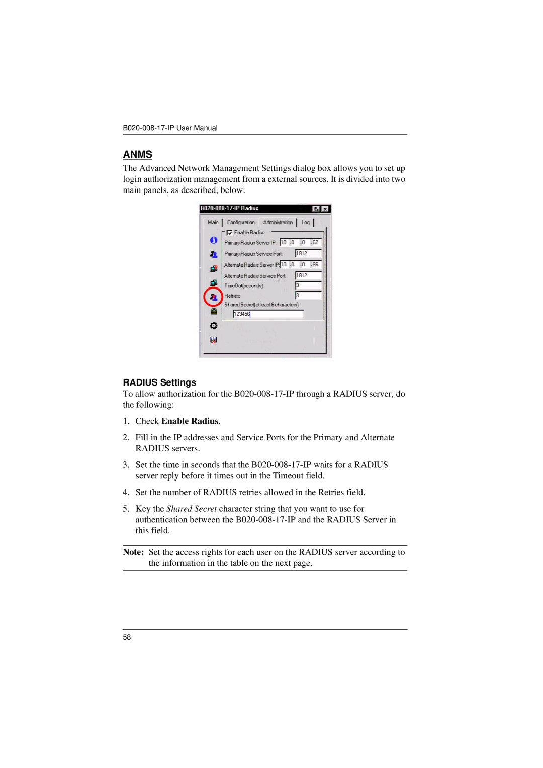 Tripp Lite B020-008-17-IP user manual Anms, Radius Settings 