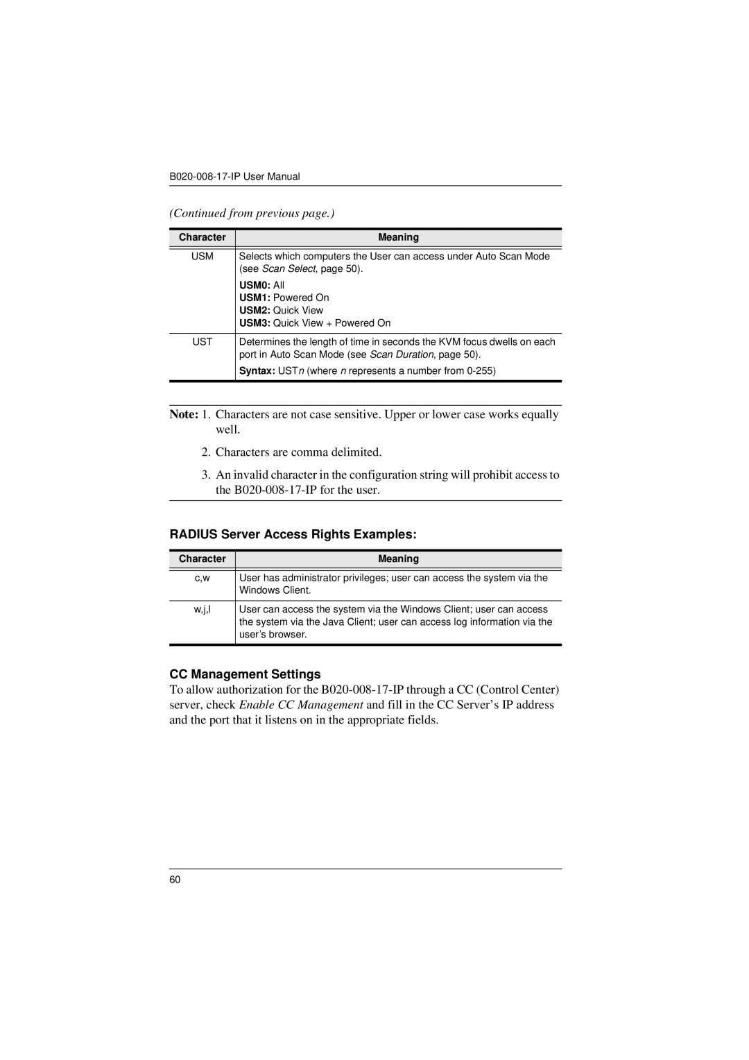 Tripp Lite B020-008-17-IP user manual Radius Server Access Rights Examples, CC Management Settings, USM0 All 