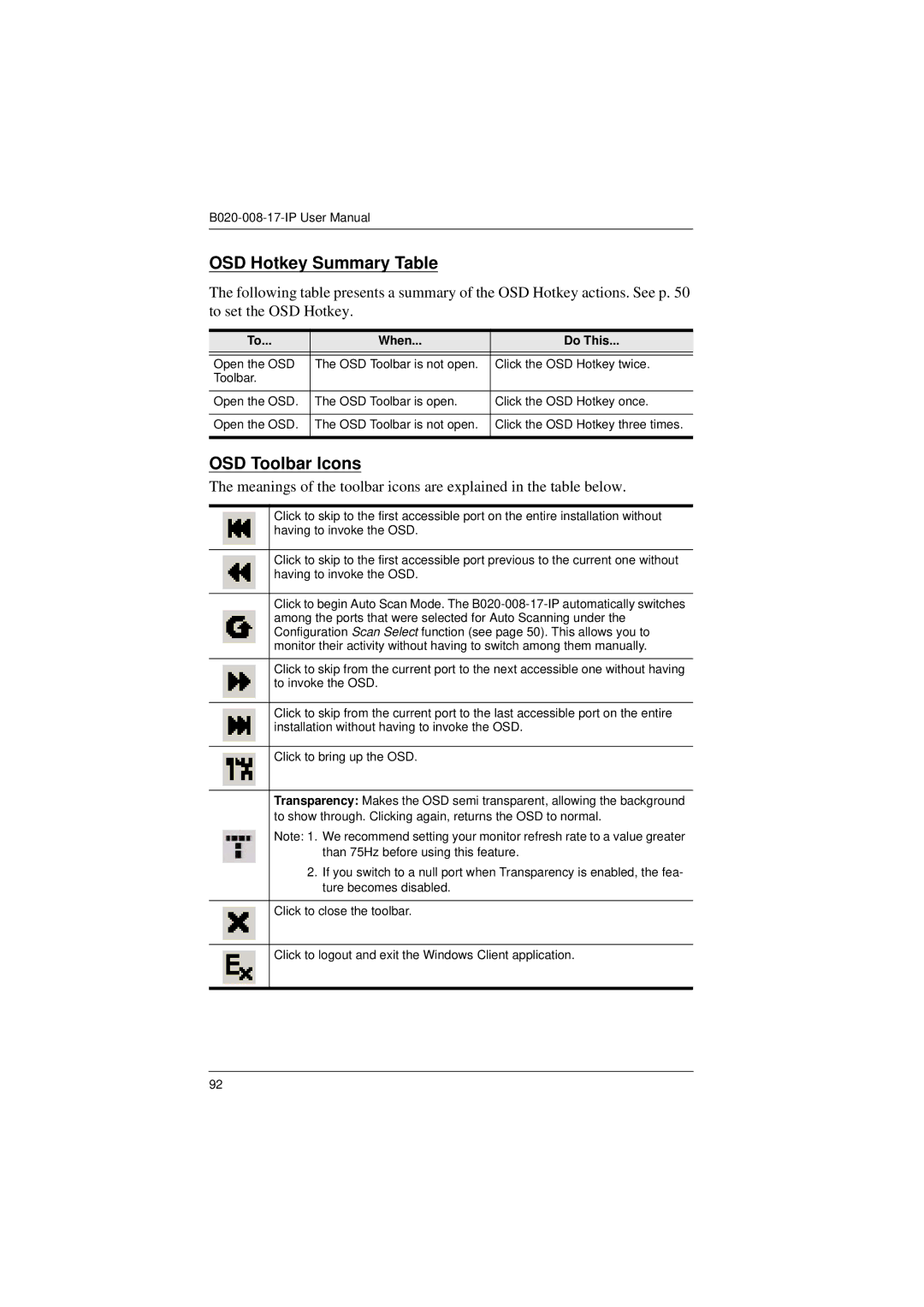 Tripp Lite B020-008-17-IP user manual OSD Hotkey Summary Table, OSD Toolbar Icons, When Do This 