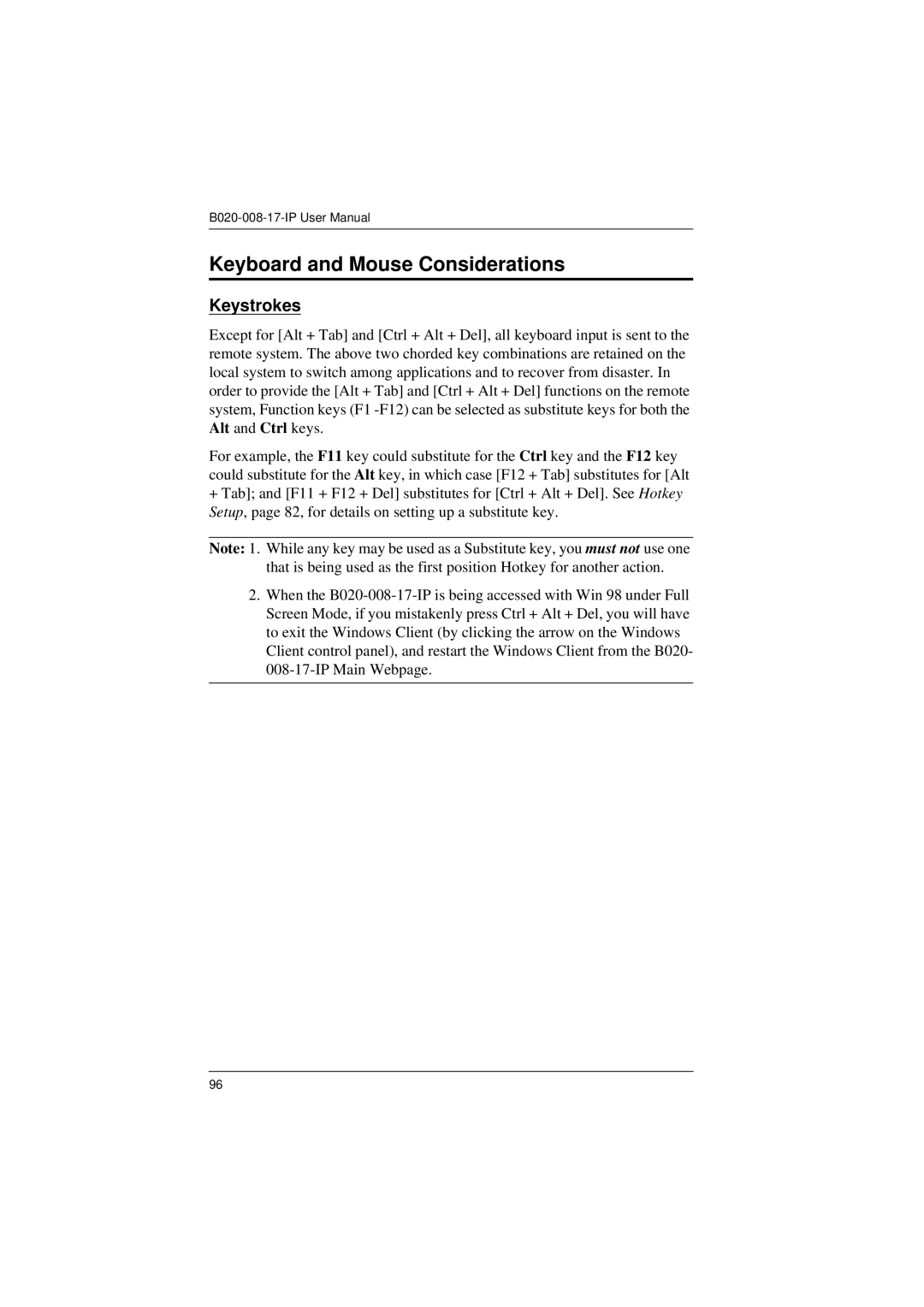 Tripp Lite B020-008-17-IP user manual Keyboard and Mouse Considerations, Keystrokes 