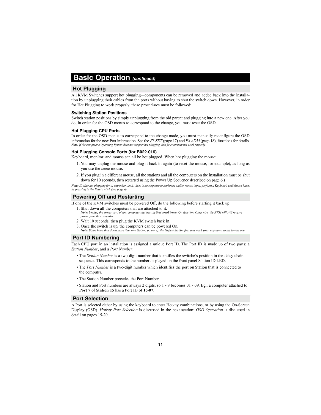 Tripp Lite B020-008 warranty Hot Plugging, Powering Off and Restarting, Port ID Numbering 