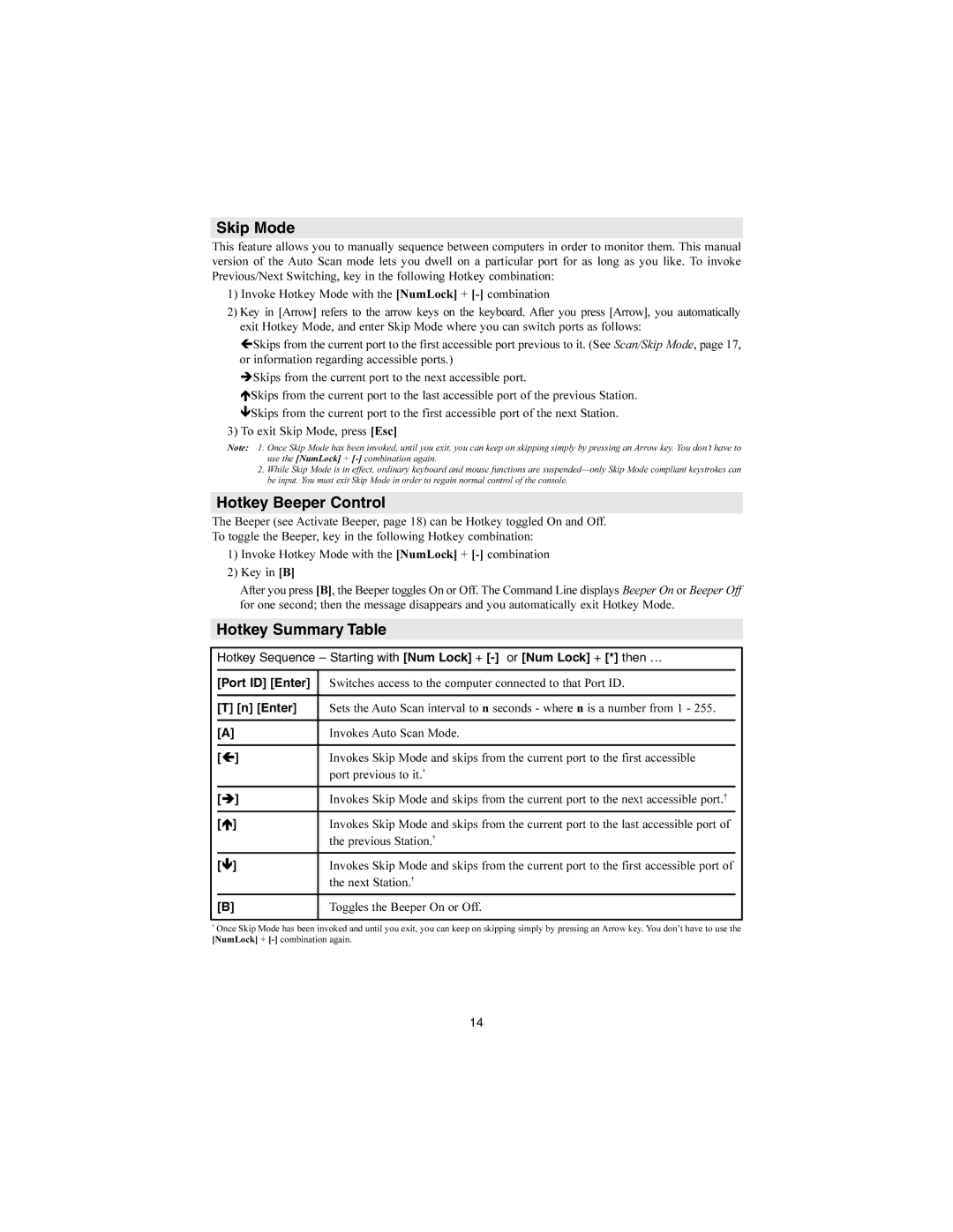 Tripp Lite B020-008 Skip Mode, Hotkey Beeper Control, Hotkey Summary Table, Port ID Enter, Toggles the Beeper On or Off 