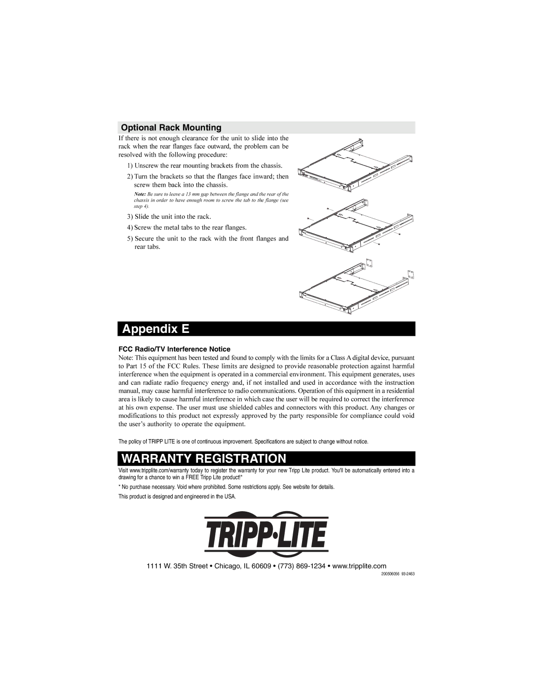 Tripp Lite B020-008 warranty Appendix E, Optional Rack Mounting, FCC Radio/TV Interference Notice 