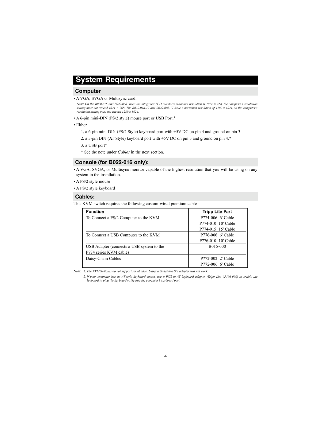 Tripp Lite B020-008 warranty System Requirements, Computer, Console for B022-016 only, Cables, Function Tripp Lite Part 