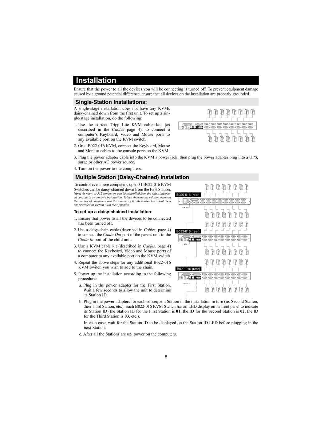 Tripp Lite B020-008 warranty Single-Station Installations, Multiple Station Daisy-Chained Installation 