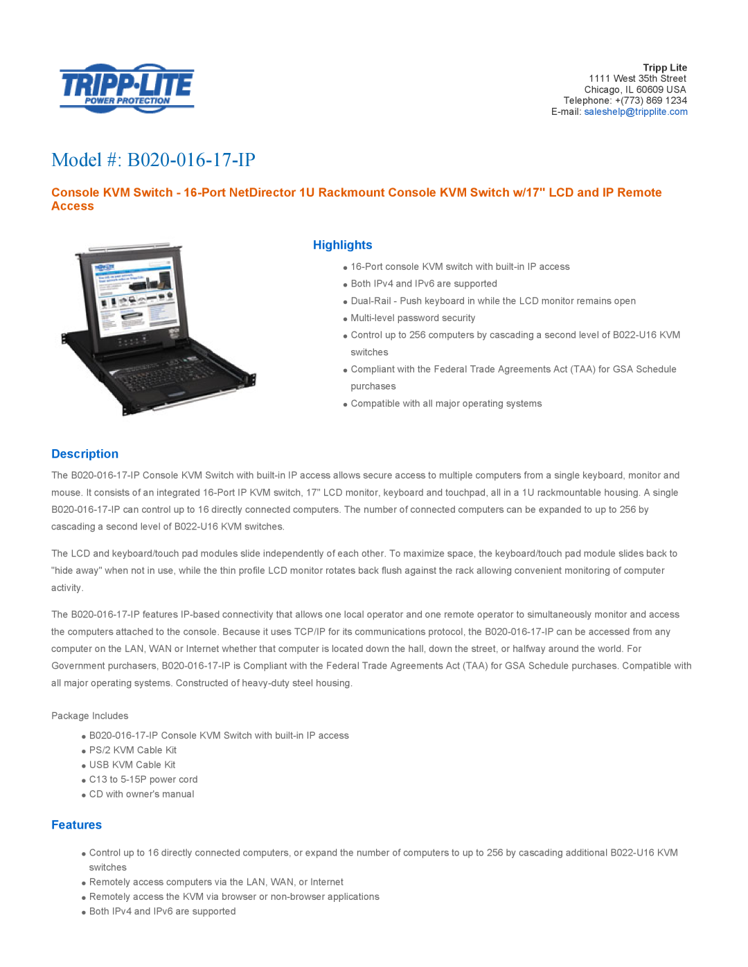 Tripp Lite owner manual Highlights, Description, Features, Model # B020-016-17-IP 