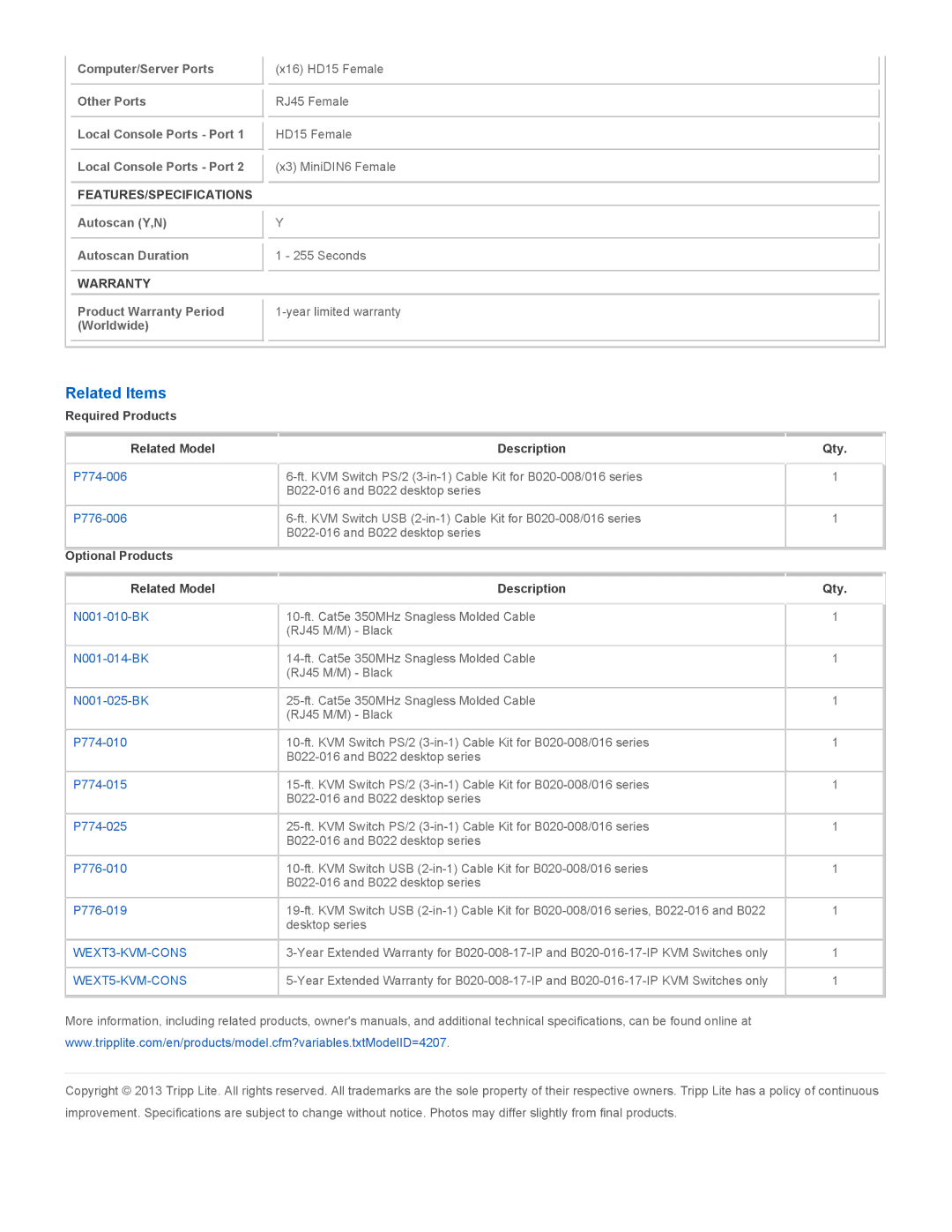 Tripp Lite B020-016-17-IP Related Items, Features/Specifications, Warranty, Required Products, Optional Products 