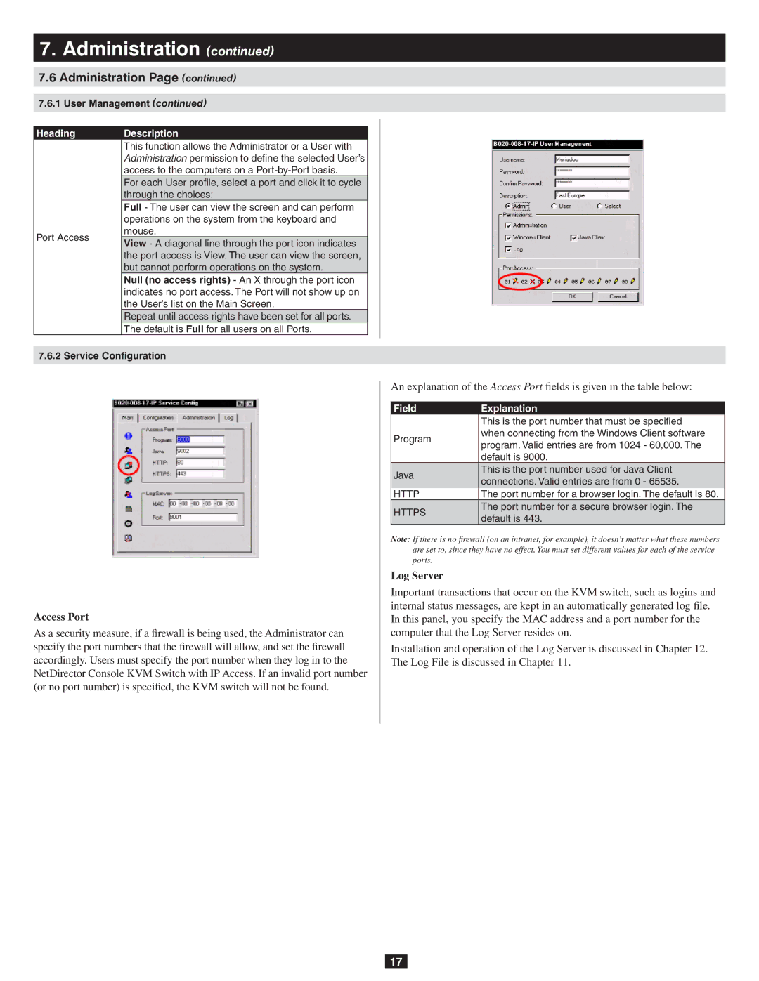 Tripp Lite B020-016-17-IP owner manual Access Port, Log Server, Field Explanation, Https 