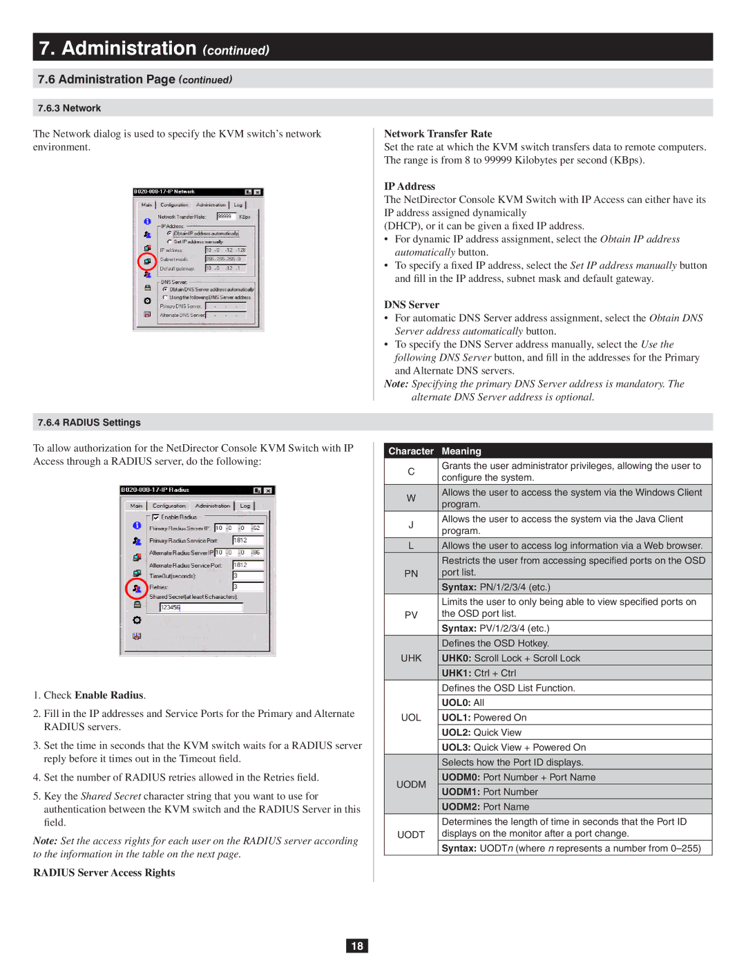 Tripp Lite B020-016-17-IP Check Enable Radius, Radius Server Access Rights Network Transfer Rate, IP Address, DNS Server 