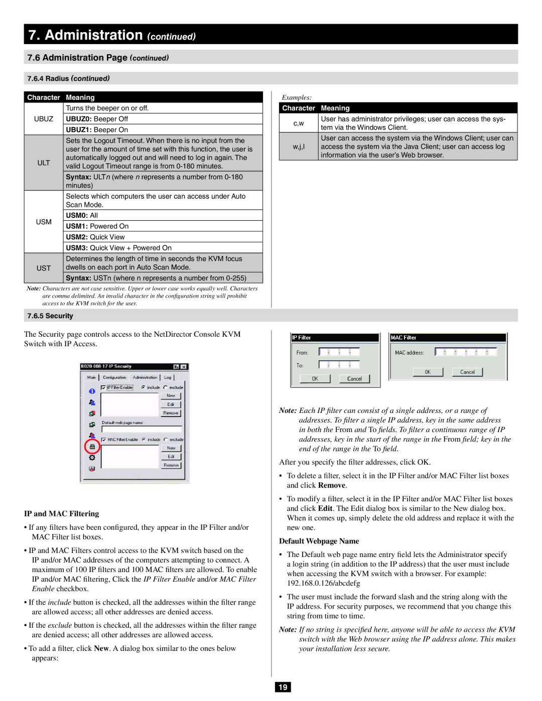 Tripp Lite B020-016-17-IP owner manual IP and MAC Filtering, Default Webpage Name, 192.168.0.126/abcdefg, USM0 All 