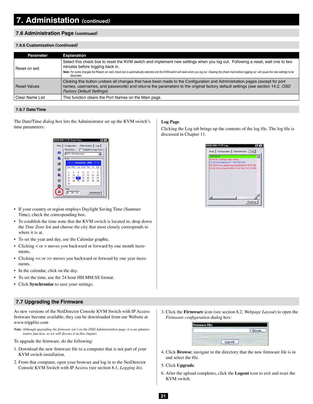 Tripp Lite B020-016-17-IP Upgrading the Firmware, To set the time, use the 24 hour Hhmmss format, Log, KVM switch 