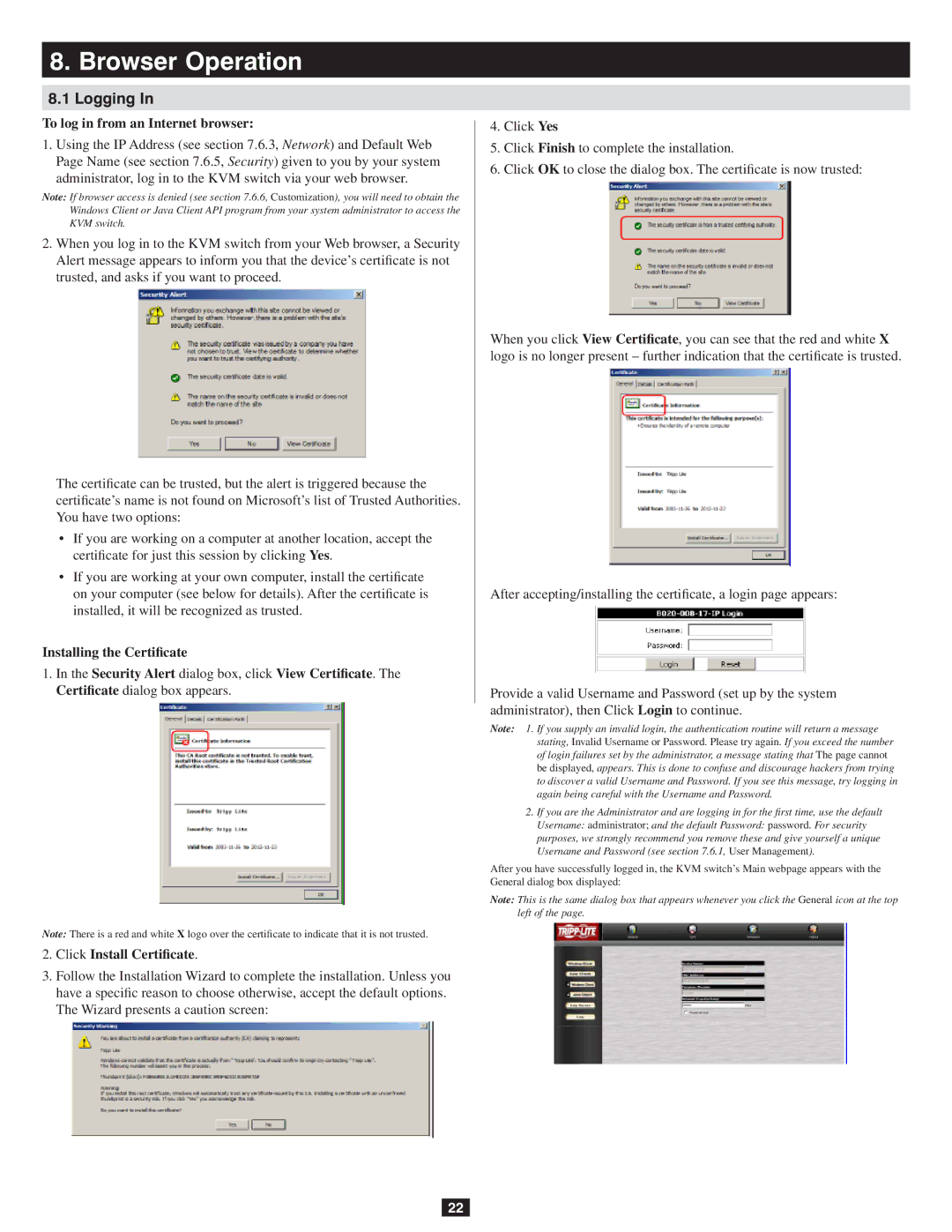 Tripp Lite B020-016-17-IP owner manual Browser Operation, Logging, To log in from an Internet browser 