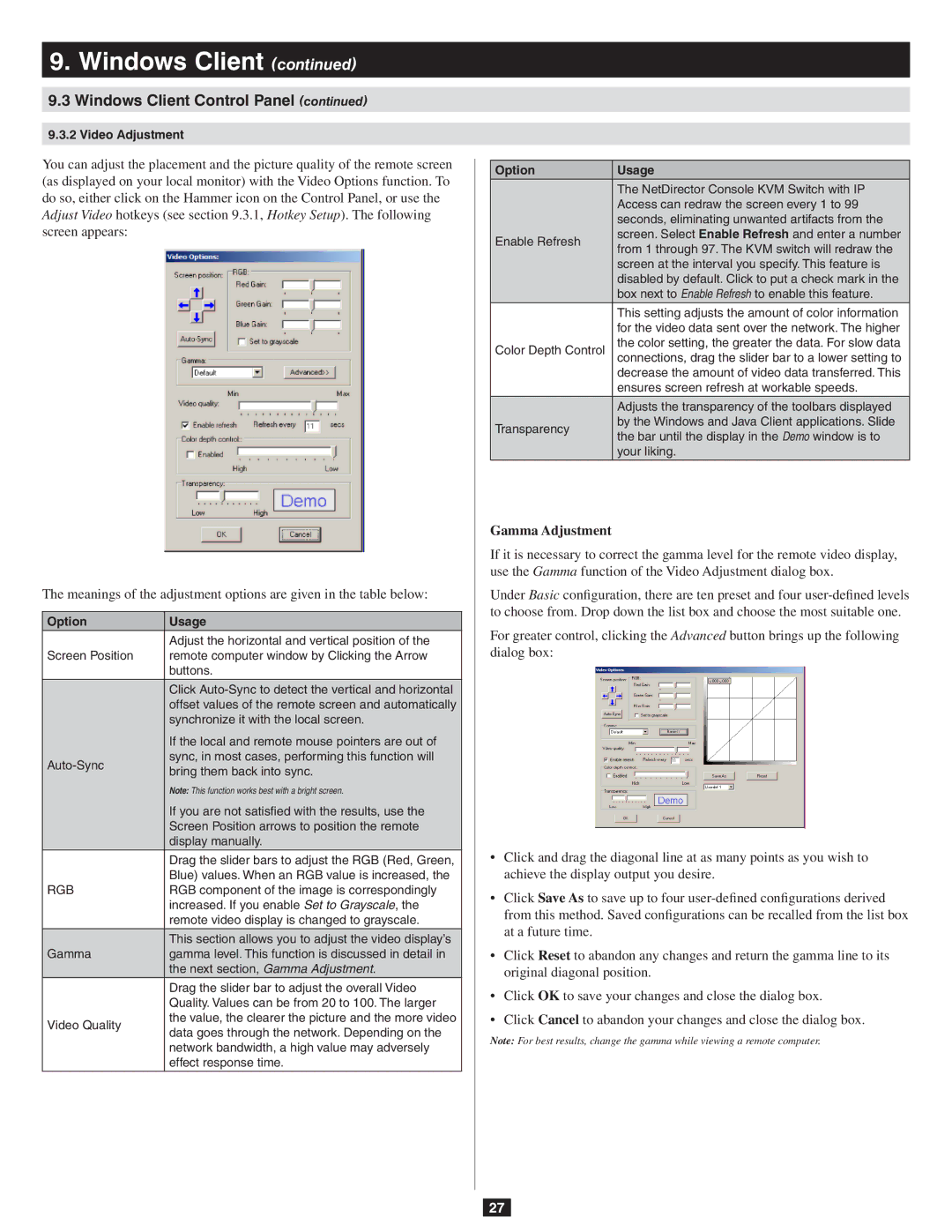 Tripp Lite B020-016-17-IP owner manual Gamma Adjustment, Option Usage, Rgb 