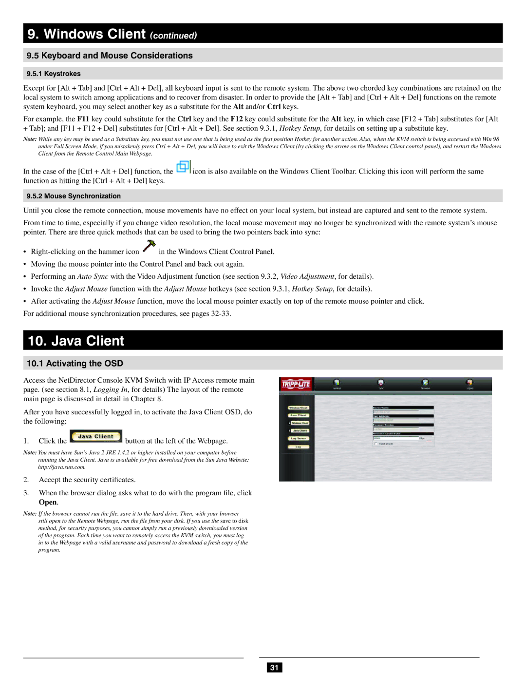 Tripp Lite B020-016-17-IP owner manual Java Client, Keyboard and Mouse Considerations 