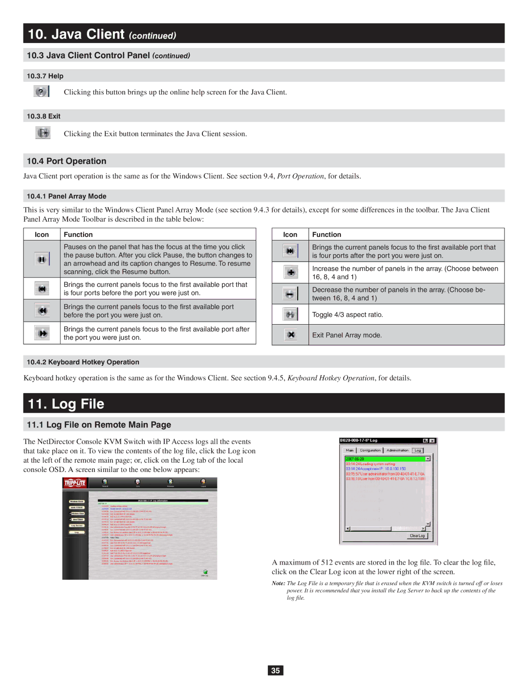 Tripp Lite B020-016-17-IP Log File on Remote Main, Clicking the Exit button terminates the Java Client session 